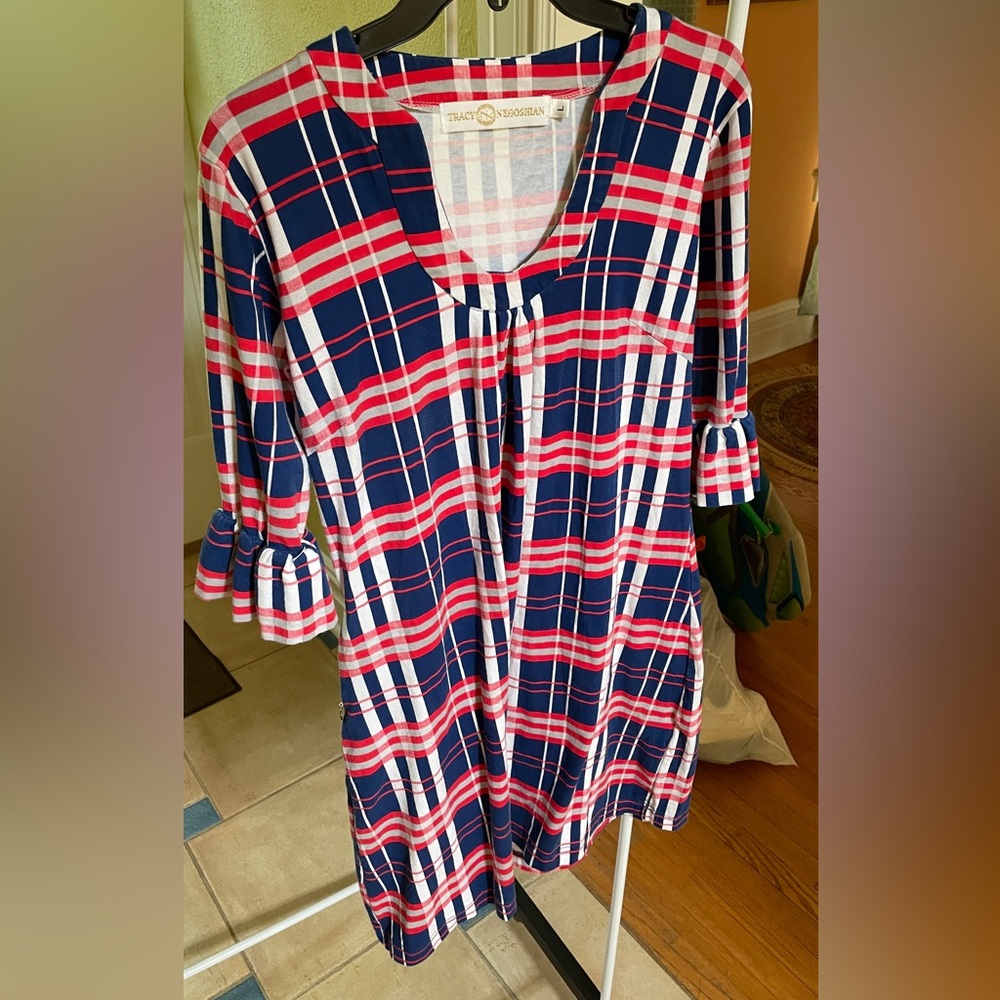 Tracy Negoshian Red, Navy & White Plaid Dress Size: L